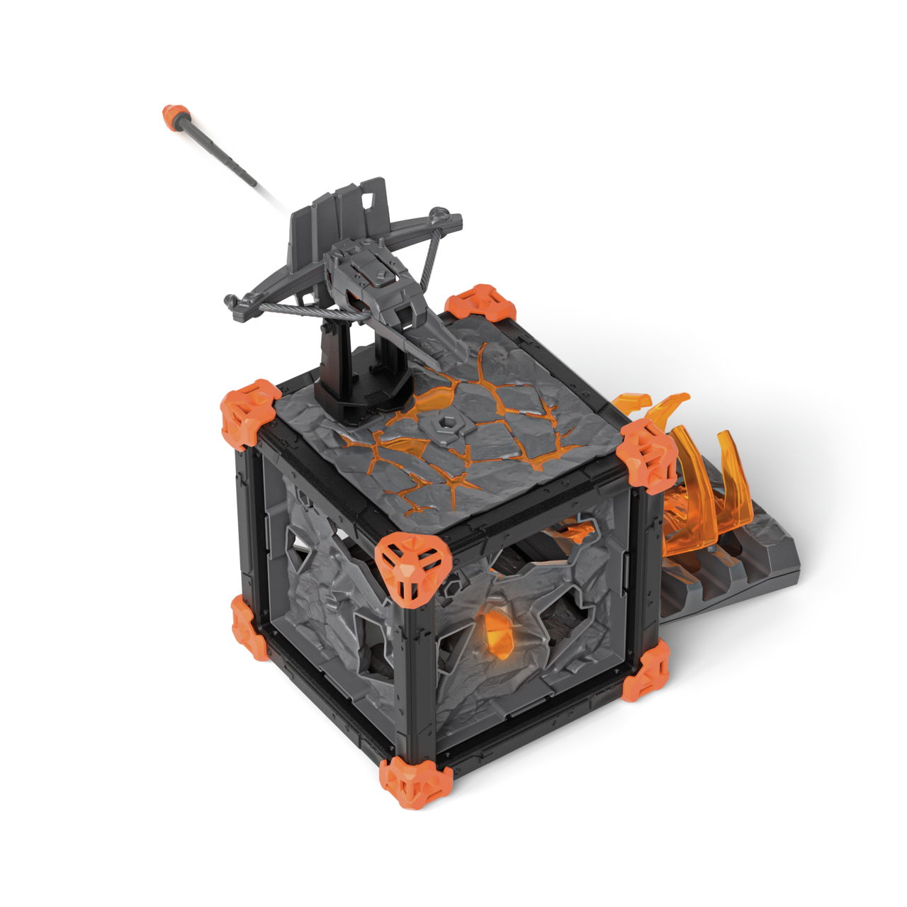 Eine Spielzeugfestung mit einer Armbrust, die ein Projektil abfeuert. Die Festung ist schwarz mit orangefarbenen Akzenten und hat ein Lava-Design.