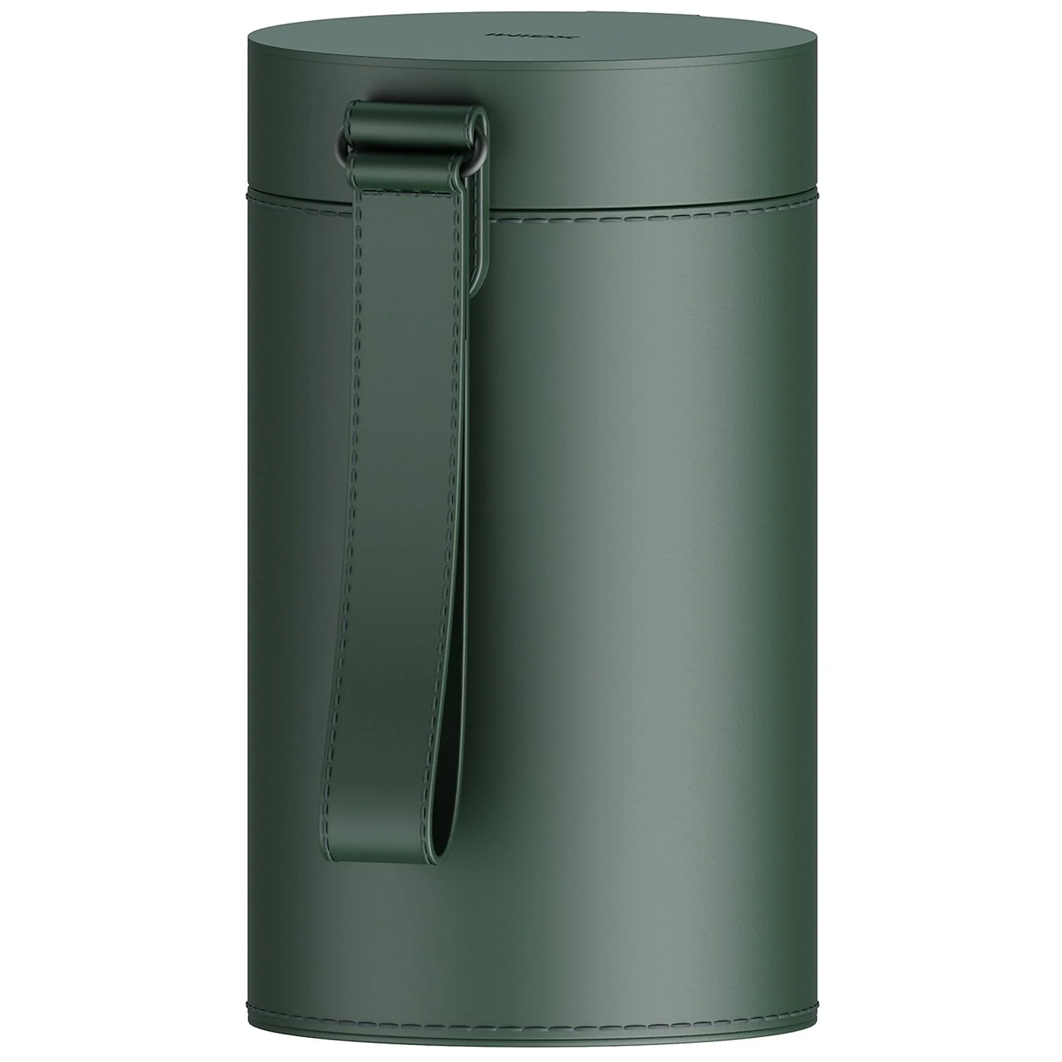 Een cilindervormige, donkergroene container met bijpassende handgreep. De container is afgesloten met een deksel en heeft een naad.