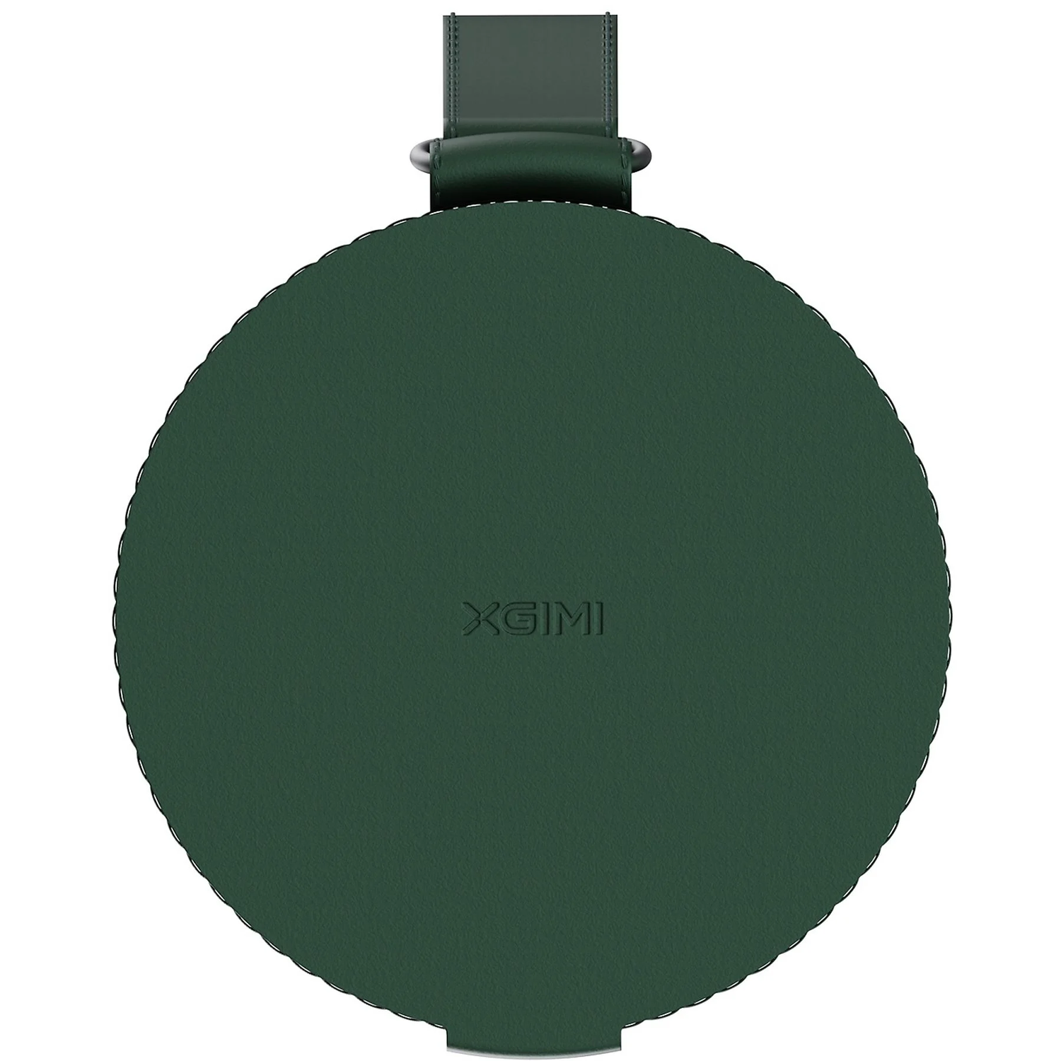 Een donkergroen, rond apparaat met het merk 'XGIMI'. Het heeft een handvat en een getextureerd oppervlak. Geïsoleerd op wit.