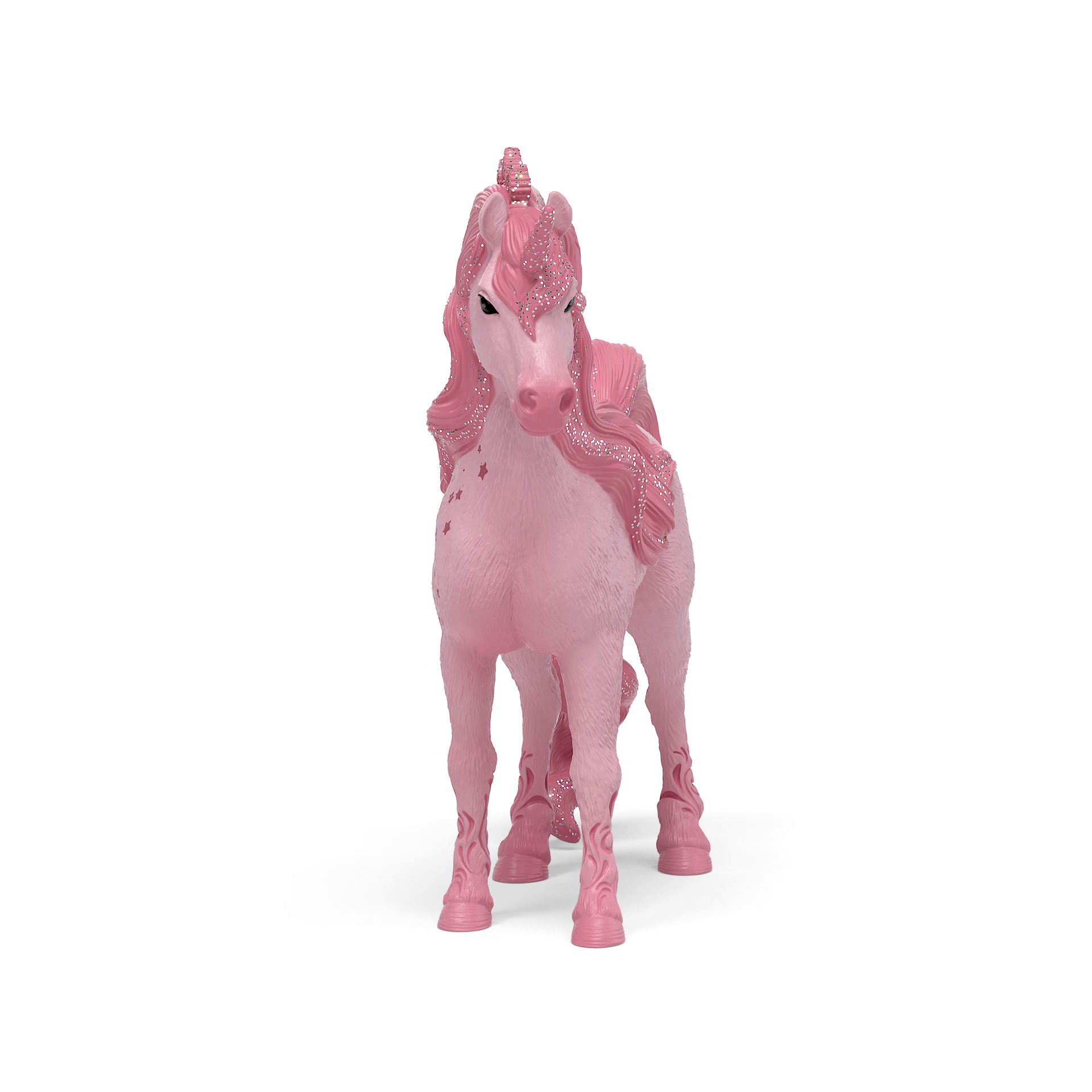 Ein rosa Einhorn-Spielzeug mit Horn, Mähne und Schweif, das auf einer weißen Oberfläche steht. Es hat Glitzerakzente und Sterndetails.
