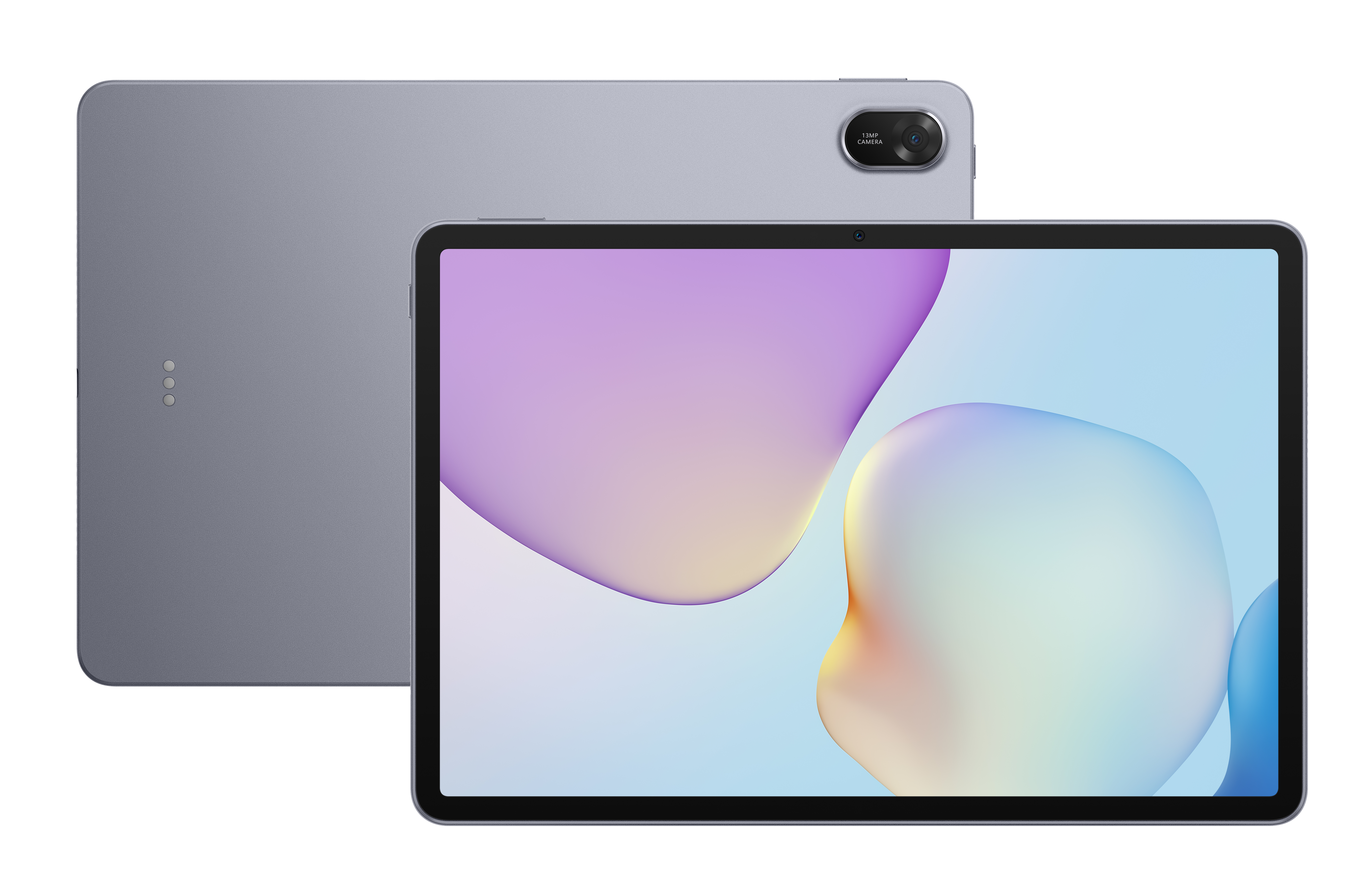 Dwa tablety na białym tle. Przedni tablet pokazuje kolorowy abstrakcyjny wyświetlacz, tylny jest szary.