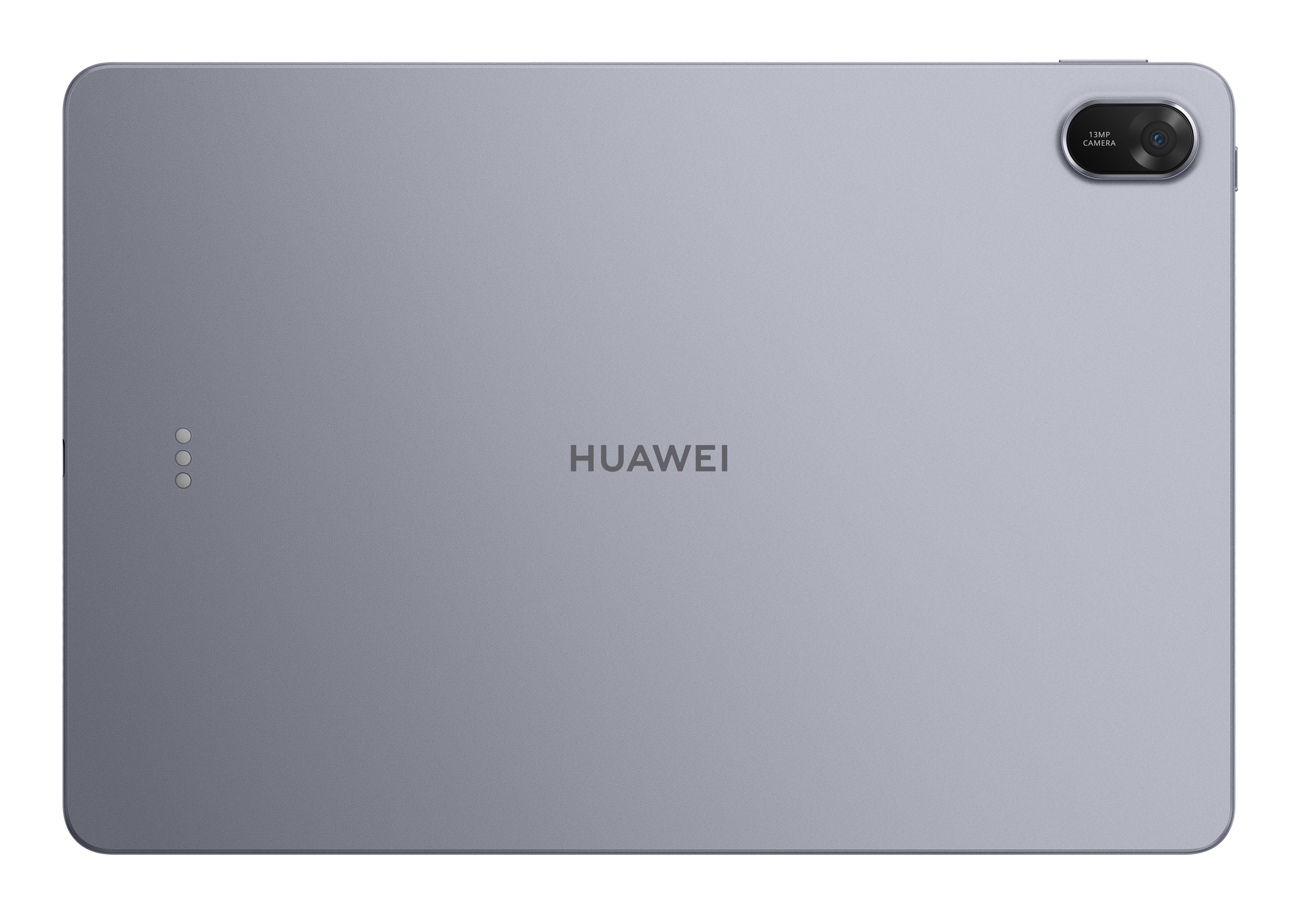 Szary tył tabletu Huawei. Aparat u góry po prawej. Logo Huawei pośrodku. Trzy kropki po lewej.