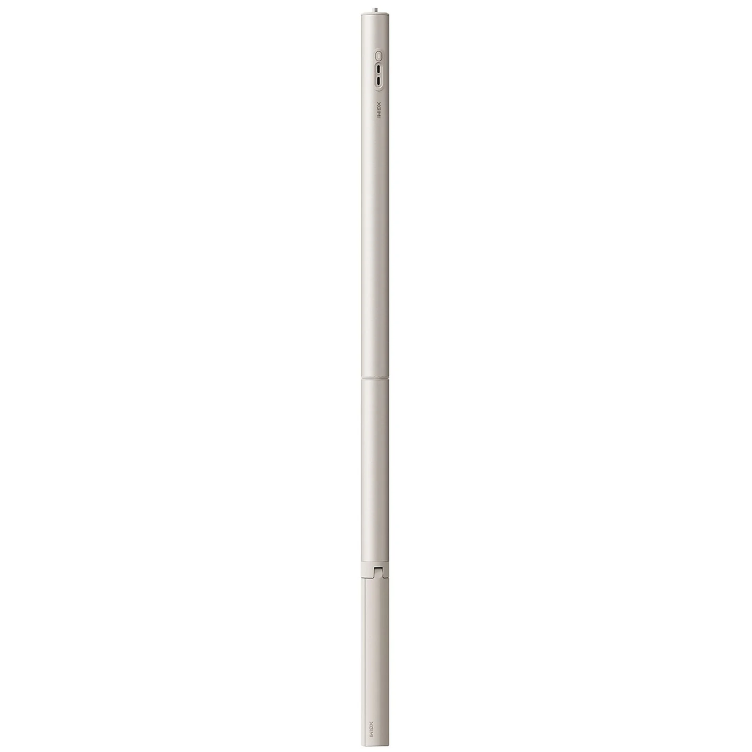 Een lichtbeige, uitschuifbare selfiestick. Het heeft een knop en de merknaam "XGIMI" erop.