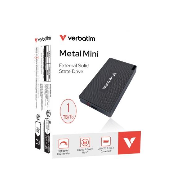 Siyah Verbatim Metal Mini SSD, 1 TB, logo ve özelliklerle: yüksek hız, yedekleme yazılımı ve USB-C bağlantısı.