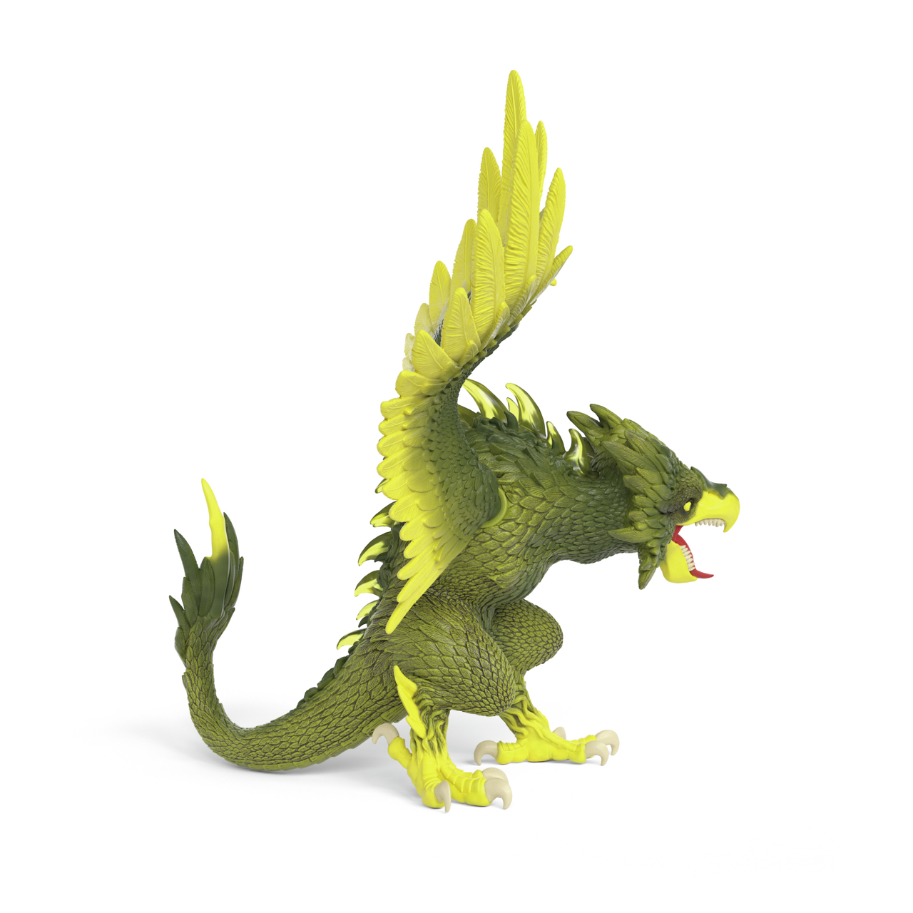 Eine grüne Drachenfigur mit gelben Flügeln und Akzenten, die mit offenem Mund posiert. Sie steht isoliert auf einer weißen Oberfläche.
