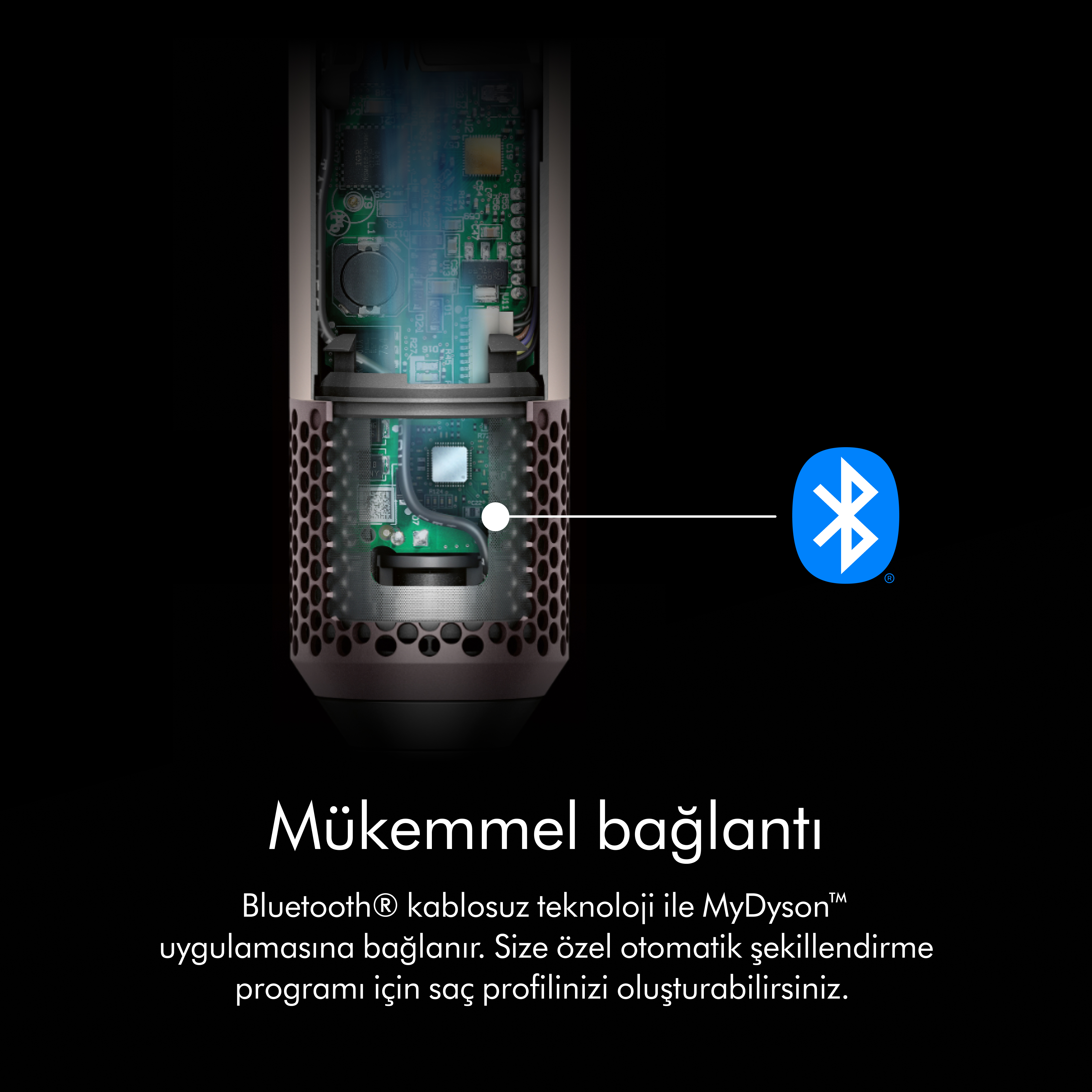 Görüntü, bir devre kartı, Bluetooth logosu ve kablosuz bağlantı hakkında metin içeren bir cihazın içini gösteriyor.