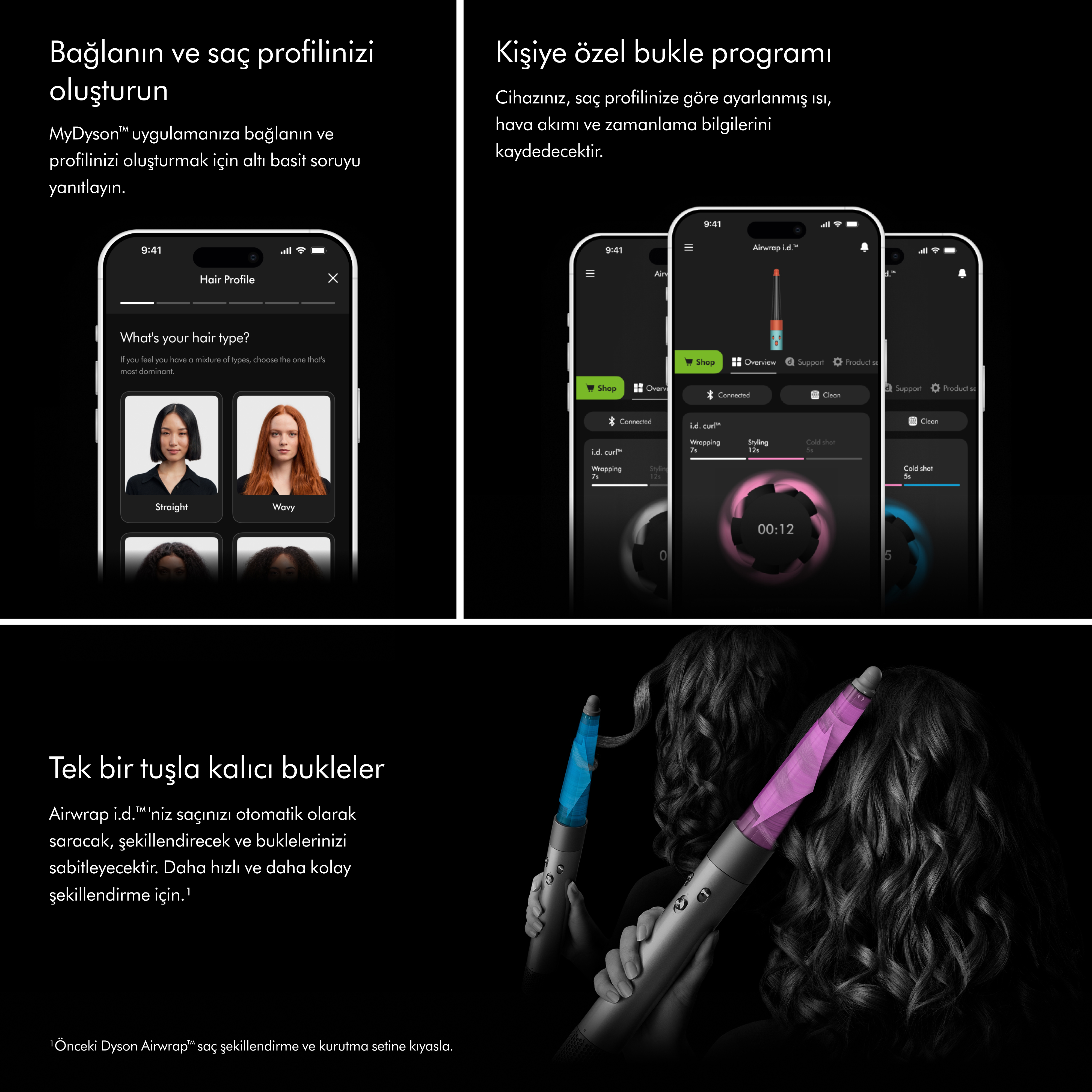 Görüntüde telefon ekranları ile Dyson Airwrap şekillendirici görülüyor. Saçlar cihazla şekillendiriliyor.