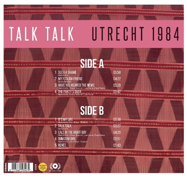 A Talk Talk Utrecht 1984 album borítója. Felsorolja az A és B oldalon lévő dalokat. Texturált, piros és barna háttérrel.