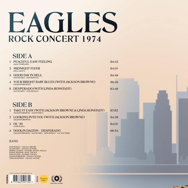 Album borító, Eagles Rock Concert 1974. Felsorolja a dalokat, a zenekar tagjait és az időtartamokat. A háttér egy stilizált városkép.