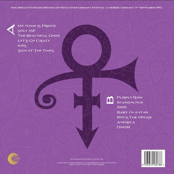 Lila háttér Prince szimbólummal. A szöveg olyan dalokat sorol fel, mint a 'Purple Rain'. Szöveget tartalmaz a 'Rock Over Germany Festival'-ról.