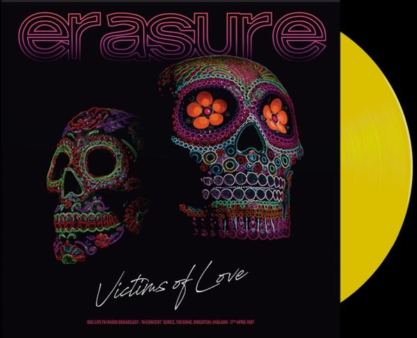 Album borító két díszített koponyával. Jobbra egy sárga bakelit lemez. A szöveg a „Erasure” és a „Victims of Love”.