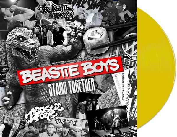 Album borítója Godzilla-szerű lénnyel, sushival és a 'Beastie Boys Stand Together' felirattal. Jobbra egy sárga hanglemez.