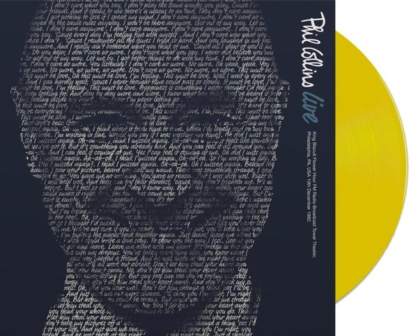 Album borítója. Phil Collins élőben. Sárga bakelit lemez. Szövegből formált arc. Sötétkék háttér.