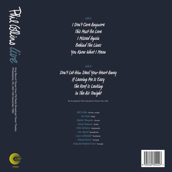 Album borító. Sötétkék háttér fehér szöveggel, amely a daltípusokat sorolja fel. Phil Collins live. King Biscuit Flower Hour.