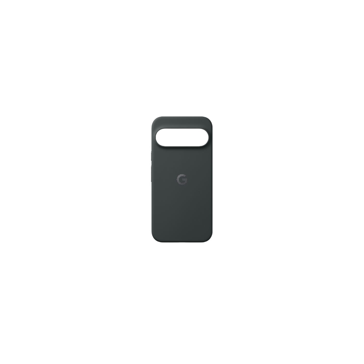 Un étui de téléphone gris foncé avec une découpe pour l'appareil photo et un logo 'G', sur fond noir.