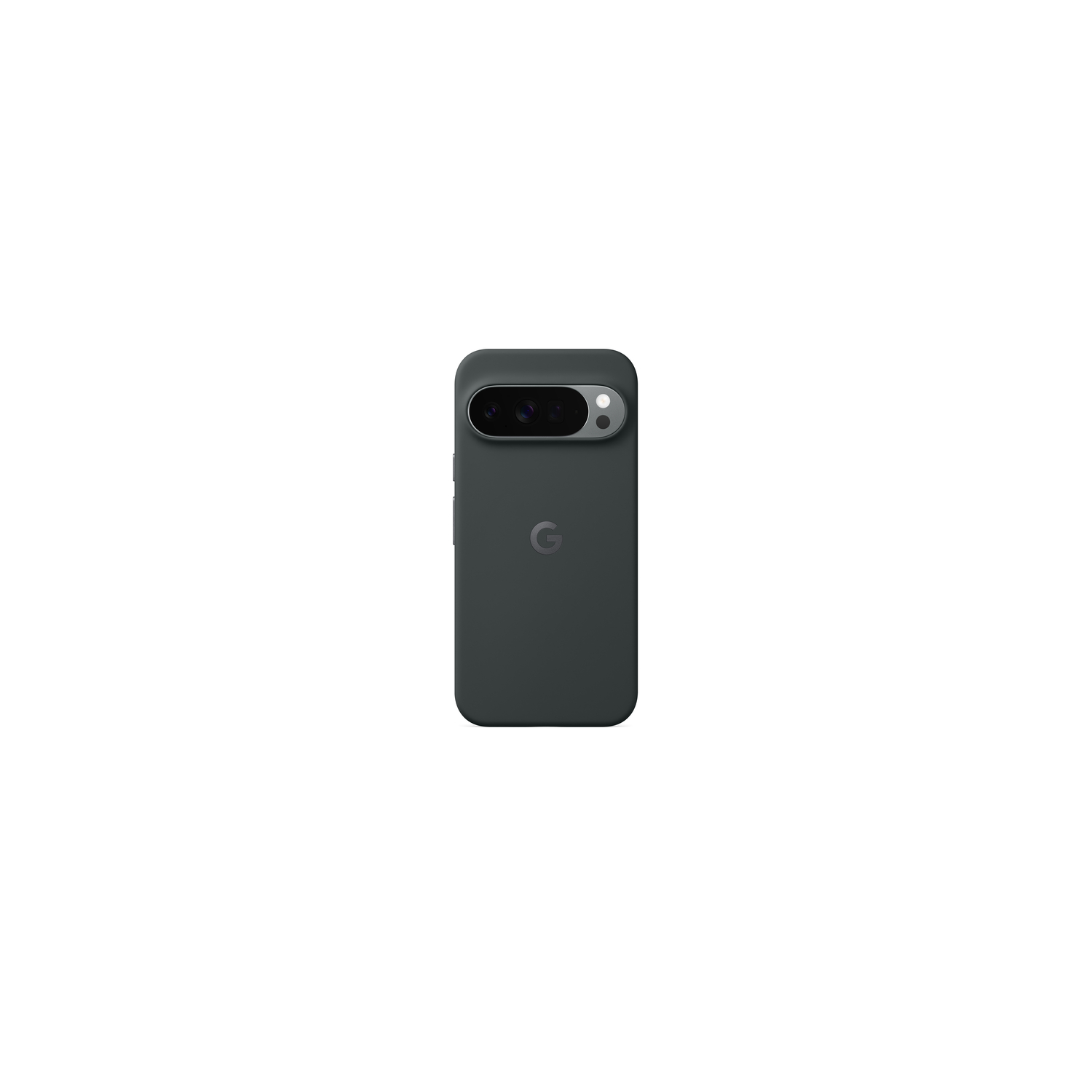 Une coque de téléphone gris foncé sur fond blanc. Elle comporte une bosse pour la caméra et un logo Google.