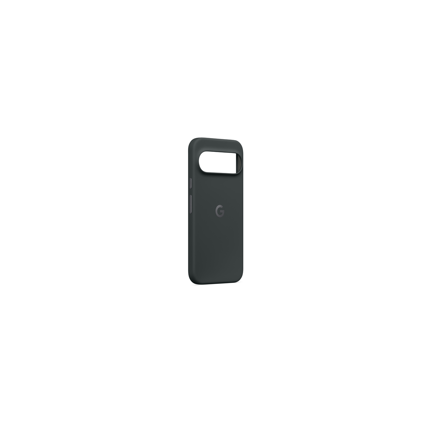 Un étui de téléphone gris foncé avec une découpe pour l'appareil photo et le logo 'G' sur fond blanc.