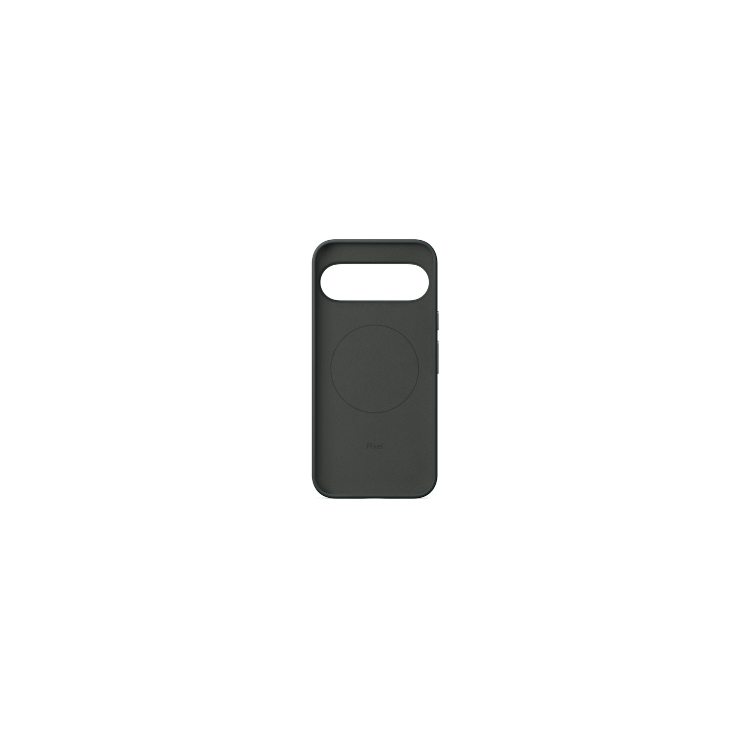 Une coque de téléphone gris foncé avec une découpe pour l'appareil photo et une zone circulaire. La coque a le mot Pixel dessus.