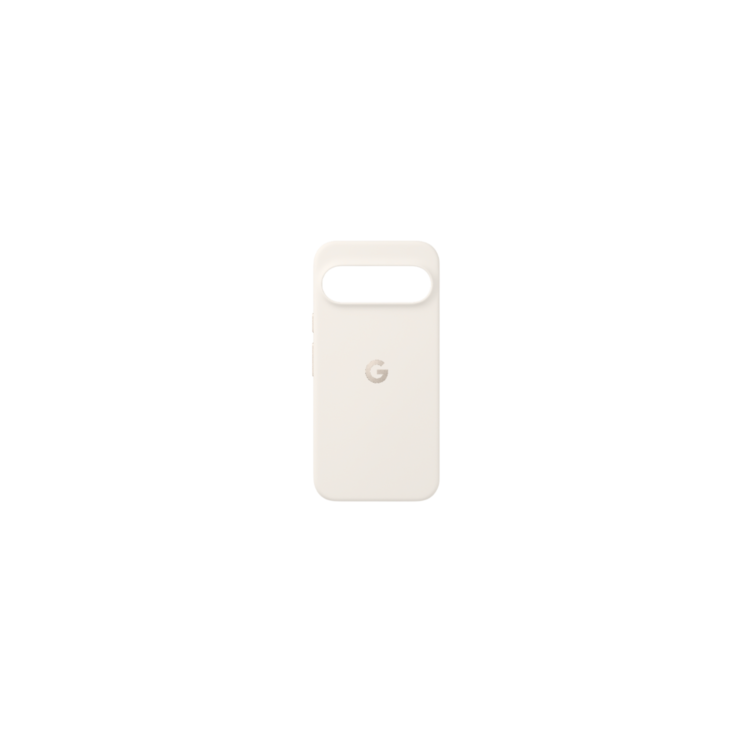 Coque de téléphone blanc cassé avec découpe en haut et logo 'G' en bas, centré sur fond noir.