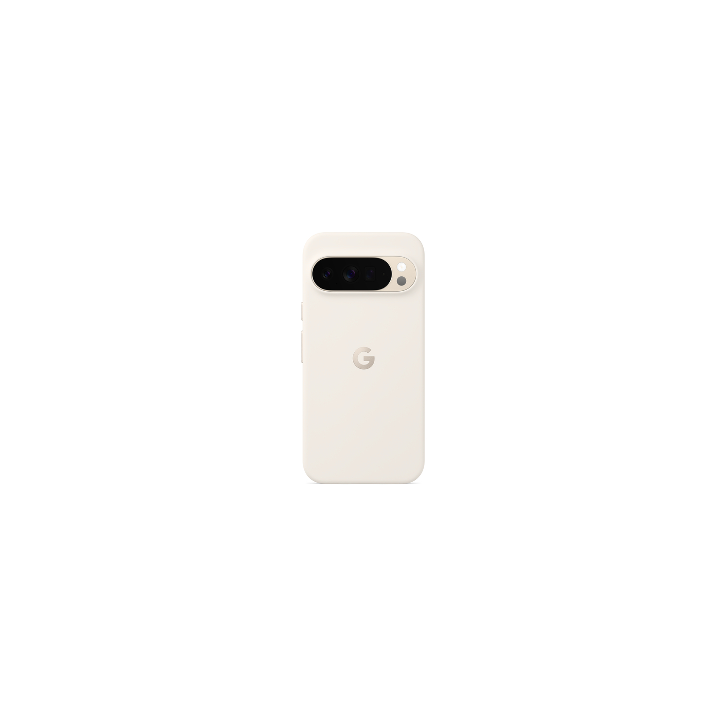 Une coque de téléphone blanche avec des lentilles de caméra et un logo 'G'. Le fond est blanc uni.