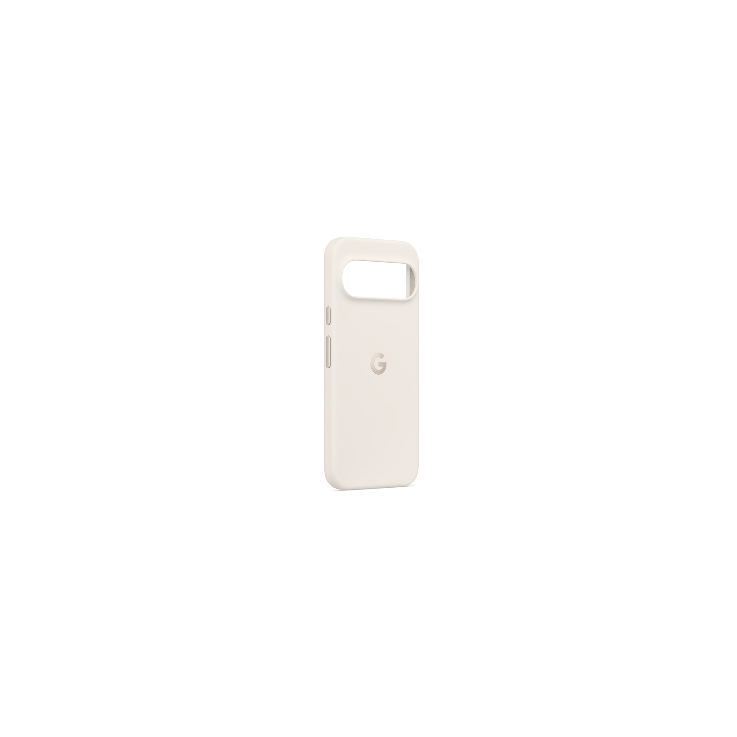 Une coque de téléphone beige clair, avec une découpe pour l'appareil photo et le logo Google, se dresse sur fond blanc.