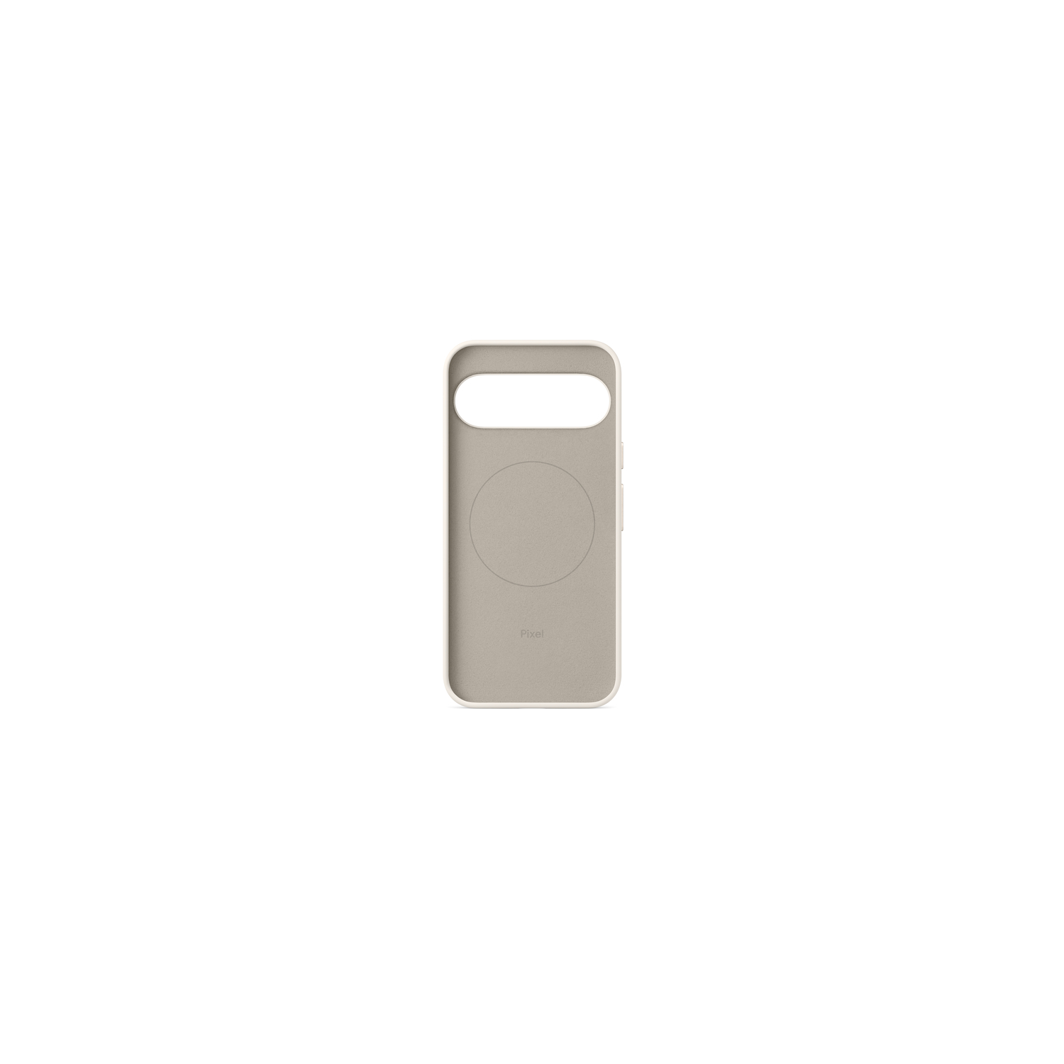 Une coque de téléphone beige clair pour un téléphone Pixel. La coque a le dessus ouvert et une indentation circulaire au dos.
