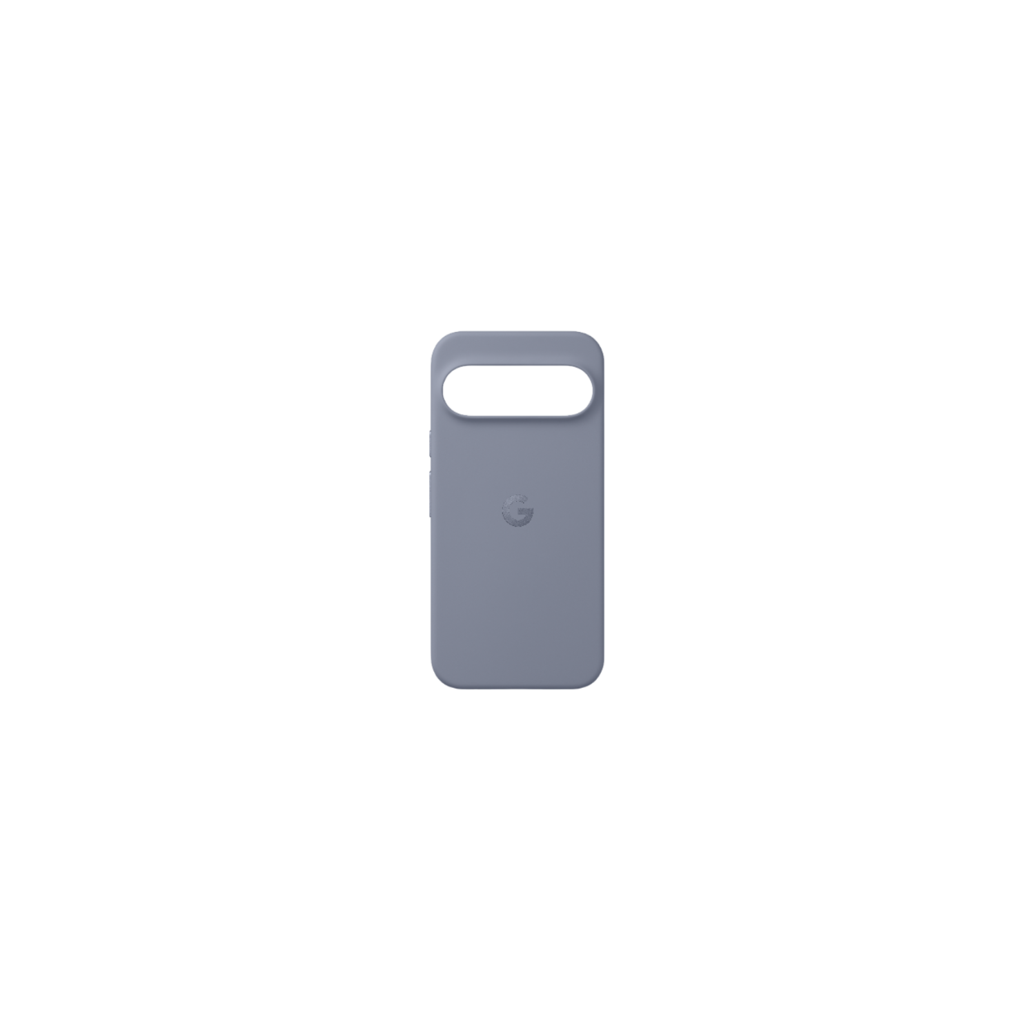 Une coque de téléphone violet clair, avec une découpe pour l'appareil photo et un logo Google, sur fond noir.
