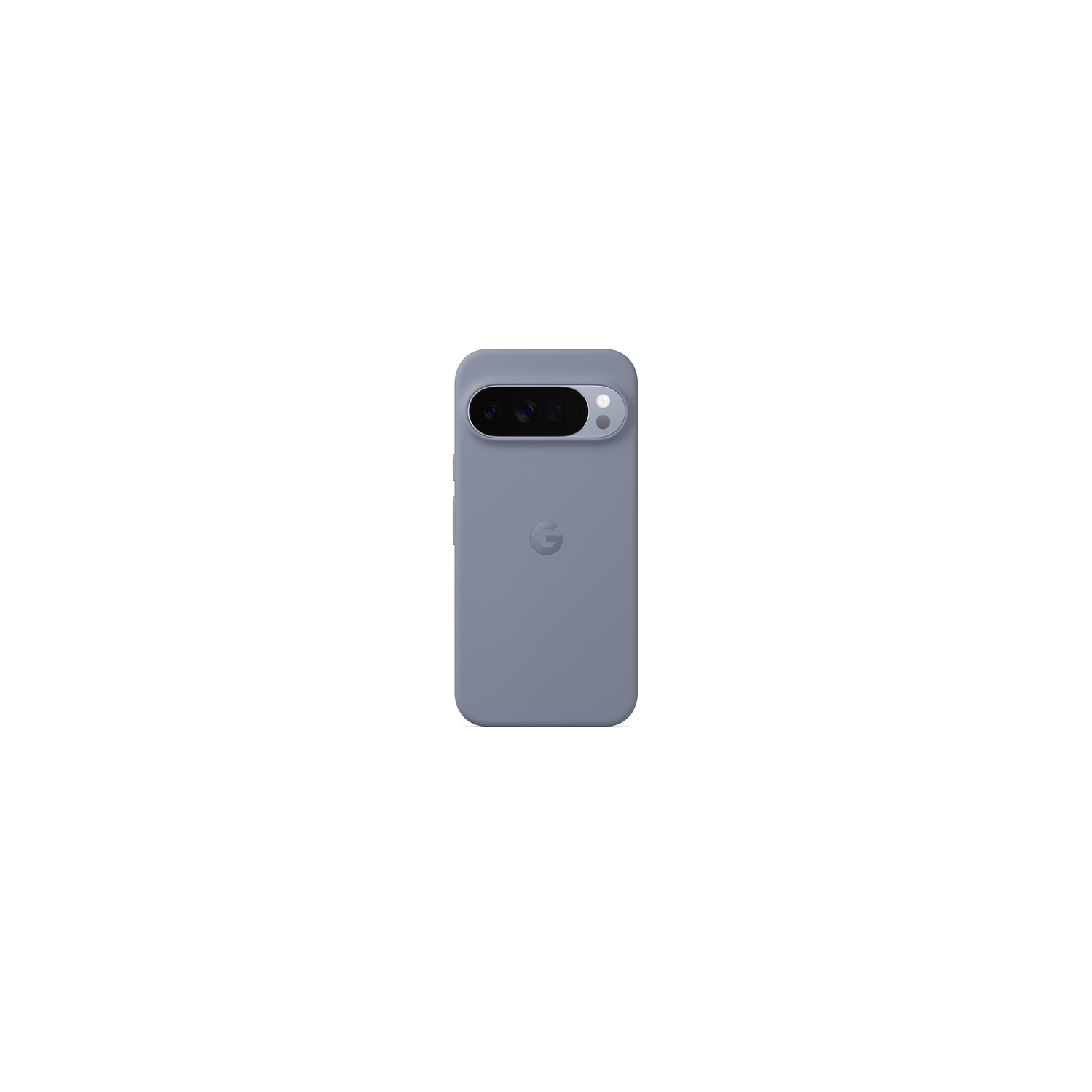 Une coque de téléphone bleu clair, avec caméra et logo Google sur fond blanc.