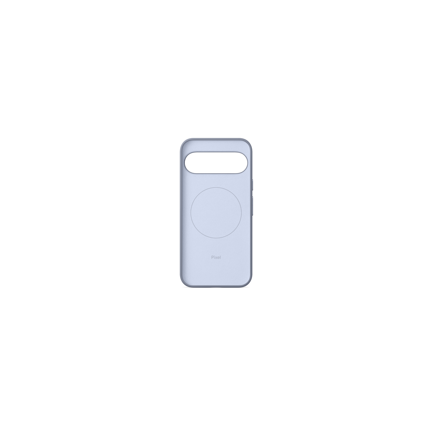 Une coque de téléphone bleu clair est centrée sur un fond blanc. La coque a une découpe pour l'appareil photo et une zone circulaire.