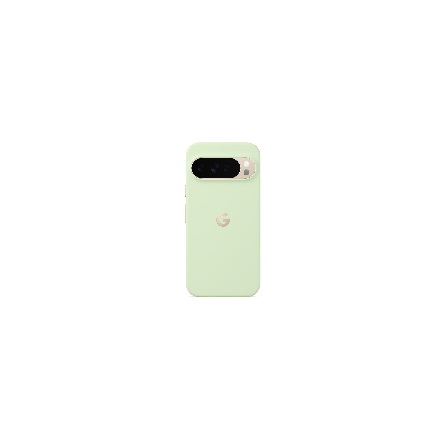 Une coque de téléphone vert clair avec un ensemble de caméras et un logo 'G' doré sur fond blanc.