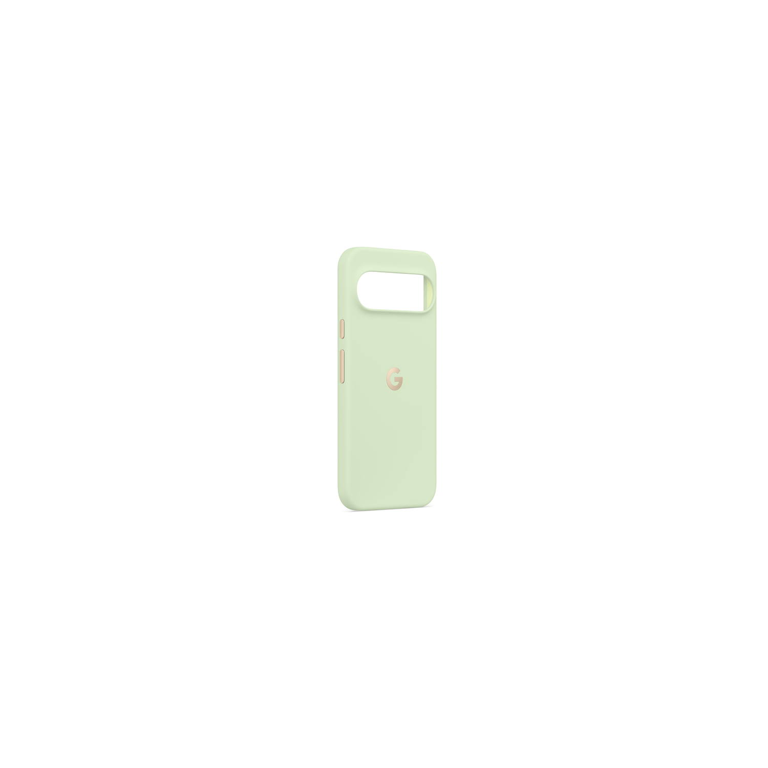 Une coque de téléphone vert clair est debout. Le dos montre un logo Google doré. Le fond est blanc.