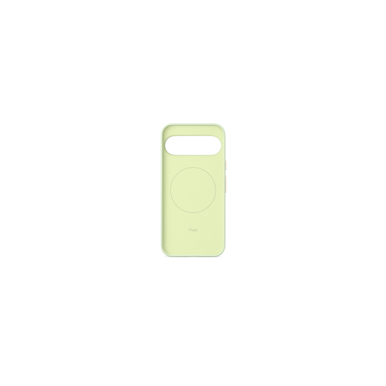 Une coque de téléphone Pixel vert clair, avec une grande découpe circulaire et une petite découpe rectangulaire en haut.