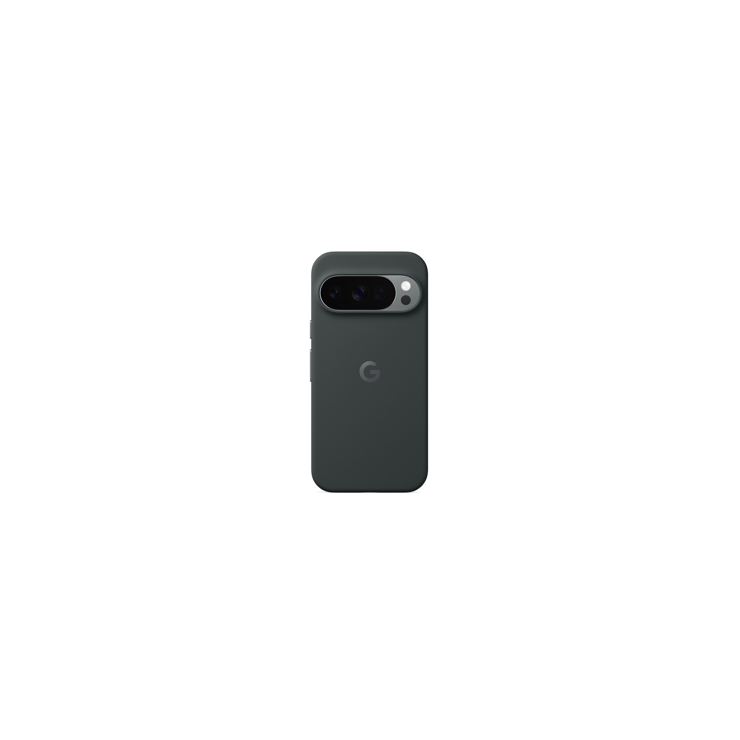 Een donkergrijze telefoonhoes met een camerabalk staat gecentreerd op een witte achtergrond. Het Google-logo is zichtbaar.