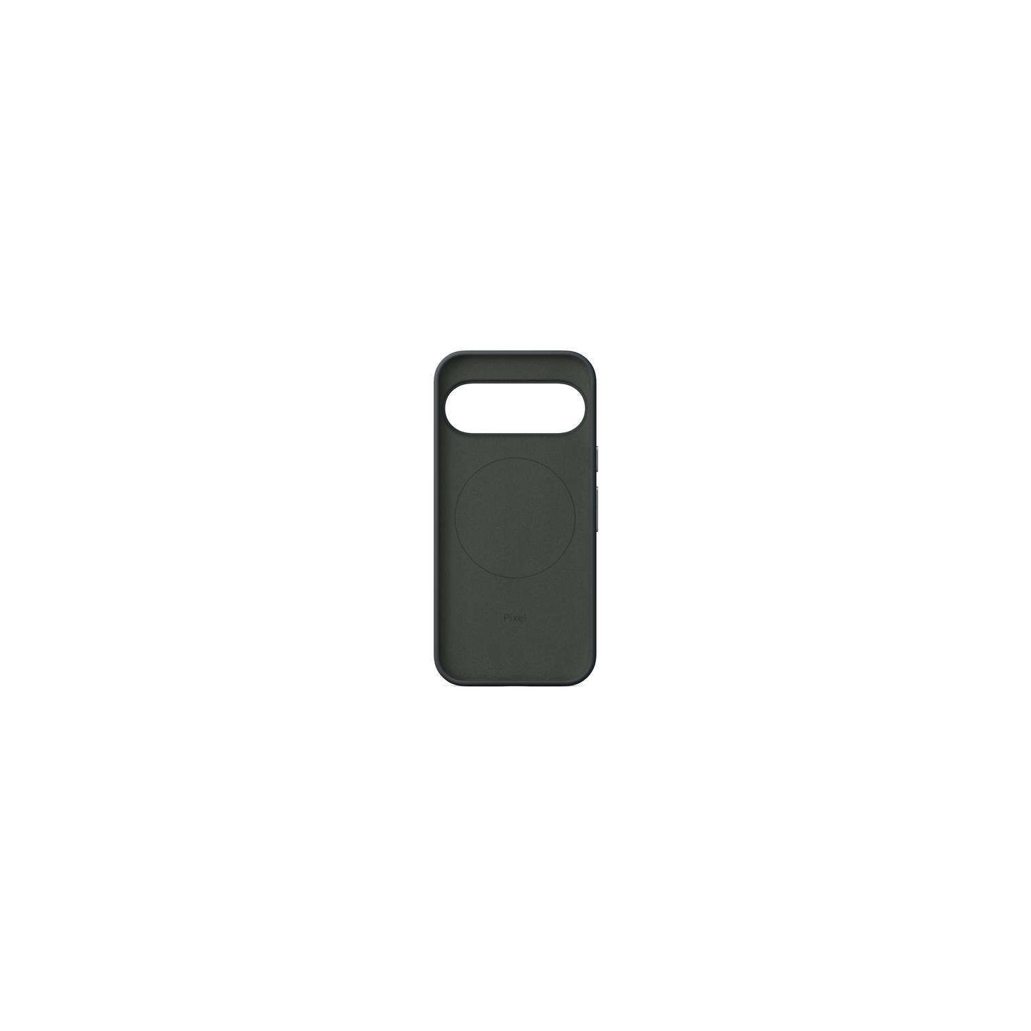 Een donkergrijze telefoonhoes met een grote uitsparing voor de camera en een cirkelvormig element op de achterkant, tegen een witte achtergrond.