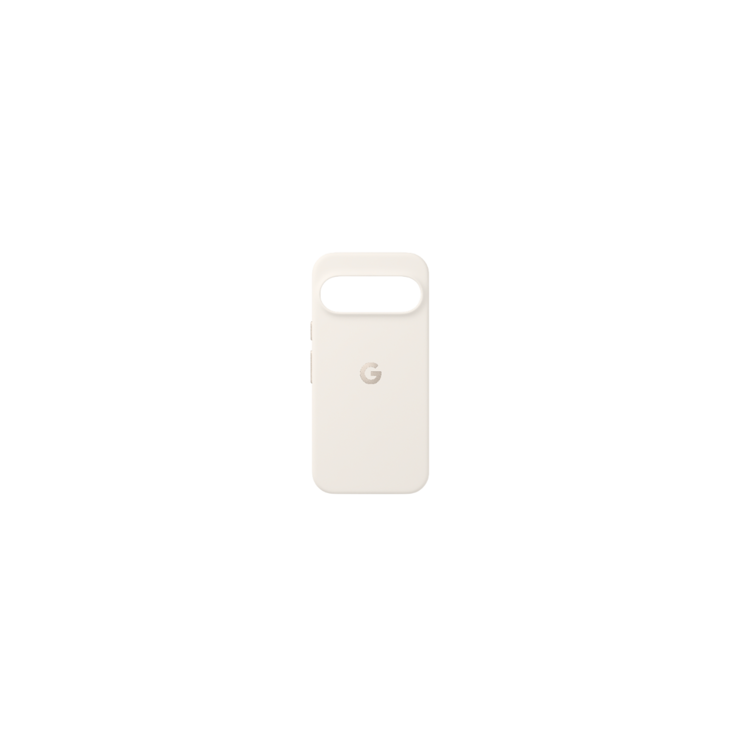 Une coque de téléphone beige clair avec une découpe pour l'appareil photo en haut et le logo Google en bas, sur fond noir.
