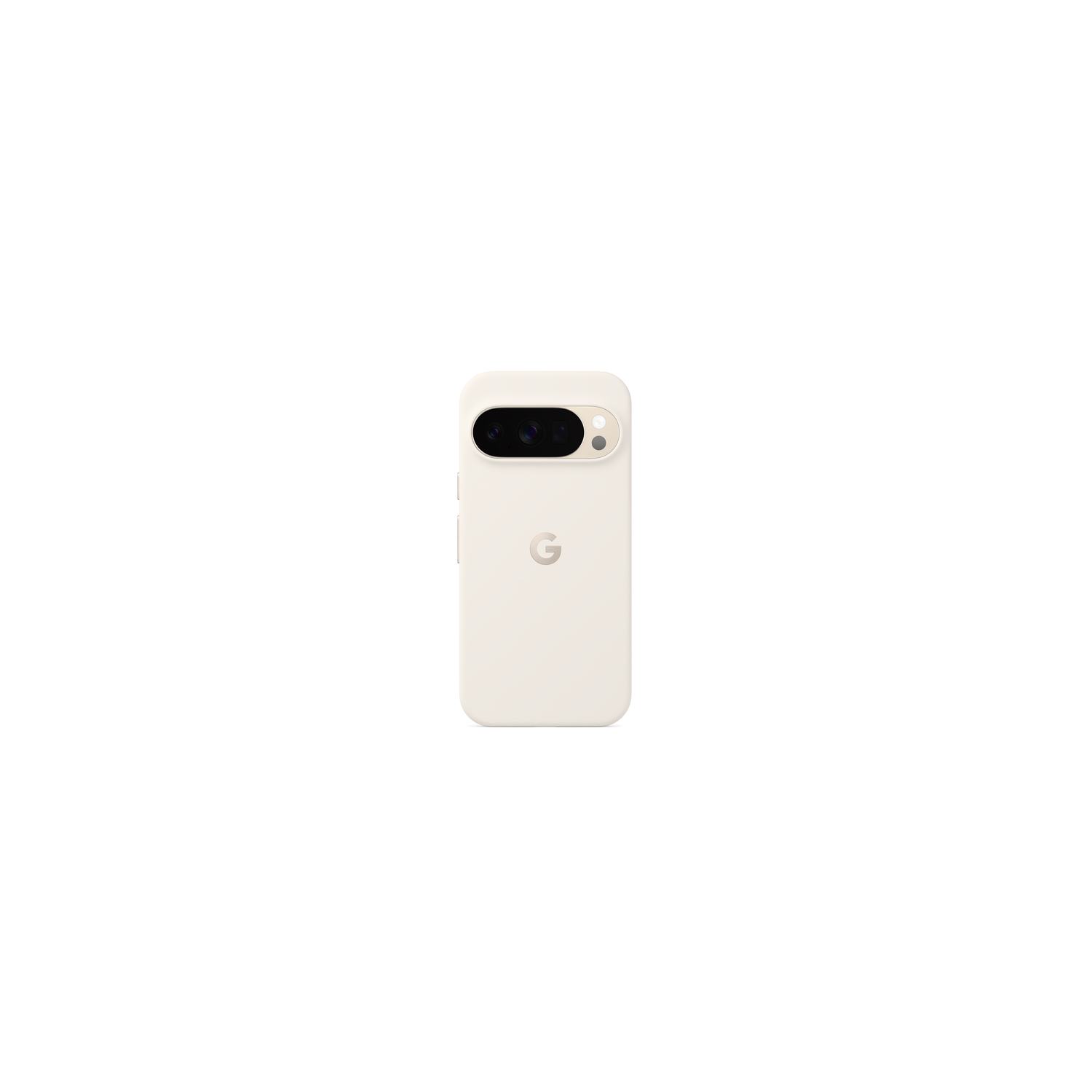 Une coque de téléphone blanche avec une découpe pour l'appareil photo et le logo Google sur fond blanc.