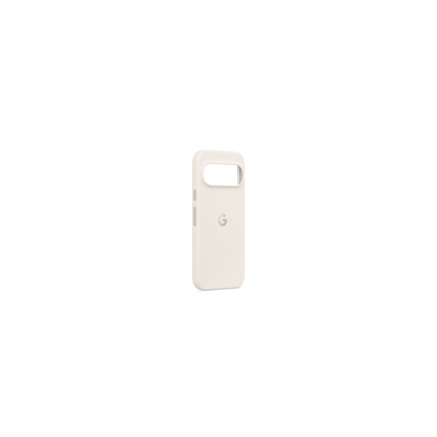 Une coque de téléphone beige clair sur fond blanc. La coque a une découpe pour l'appareil photo et un logo Google.