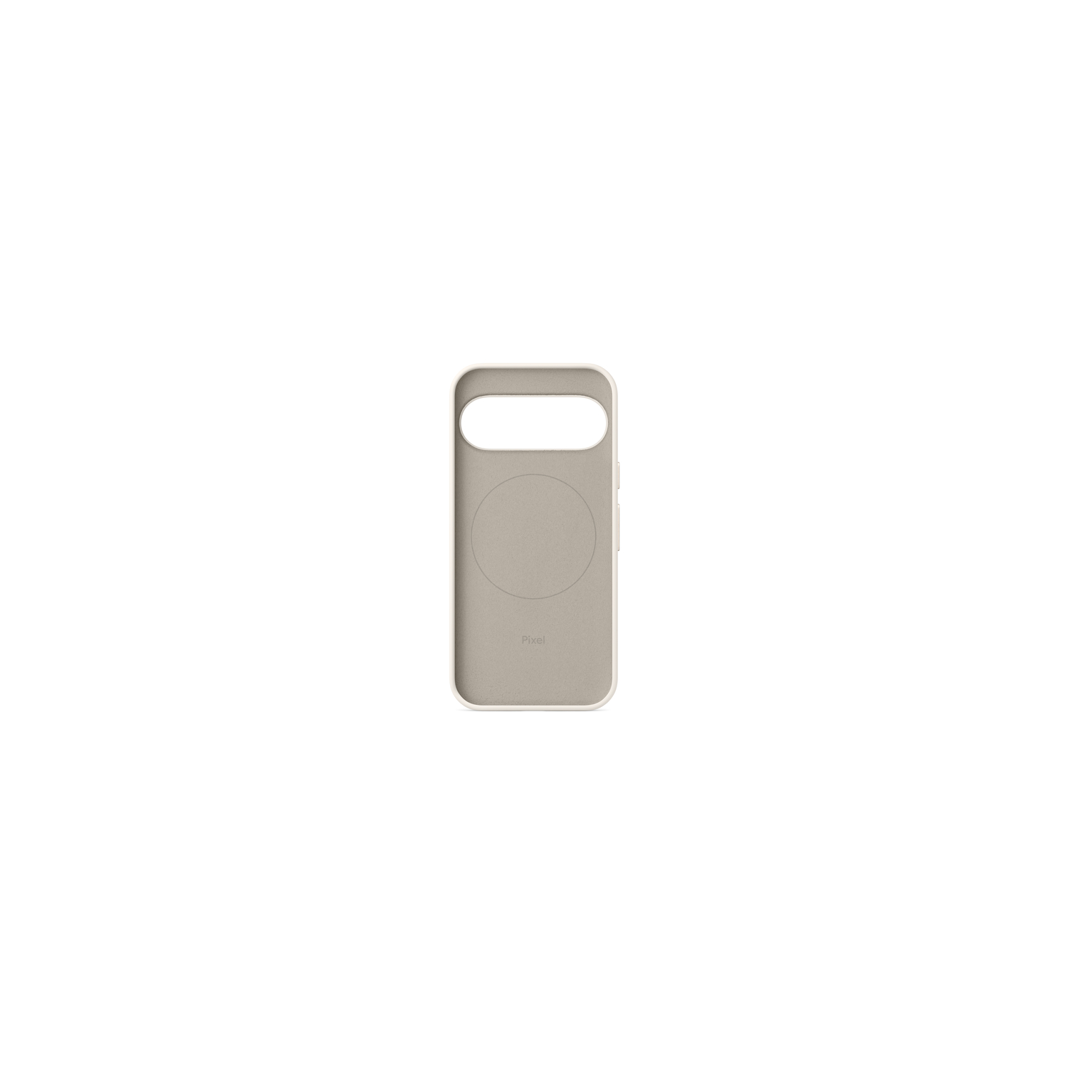 Une coque de téléphone beige clair avec une découpe pour l'appareil photo et une indentation circulaire sur fond blanc.