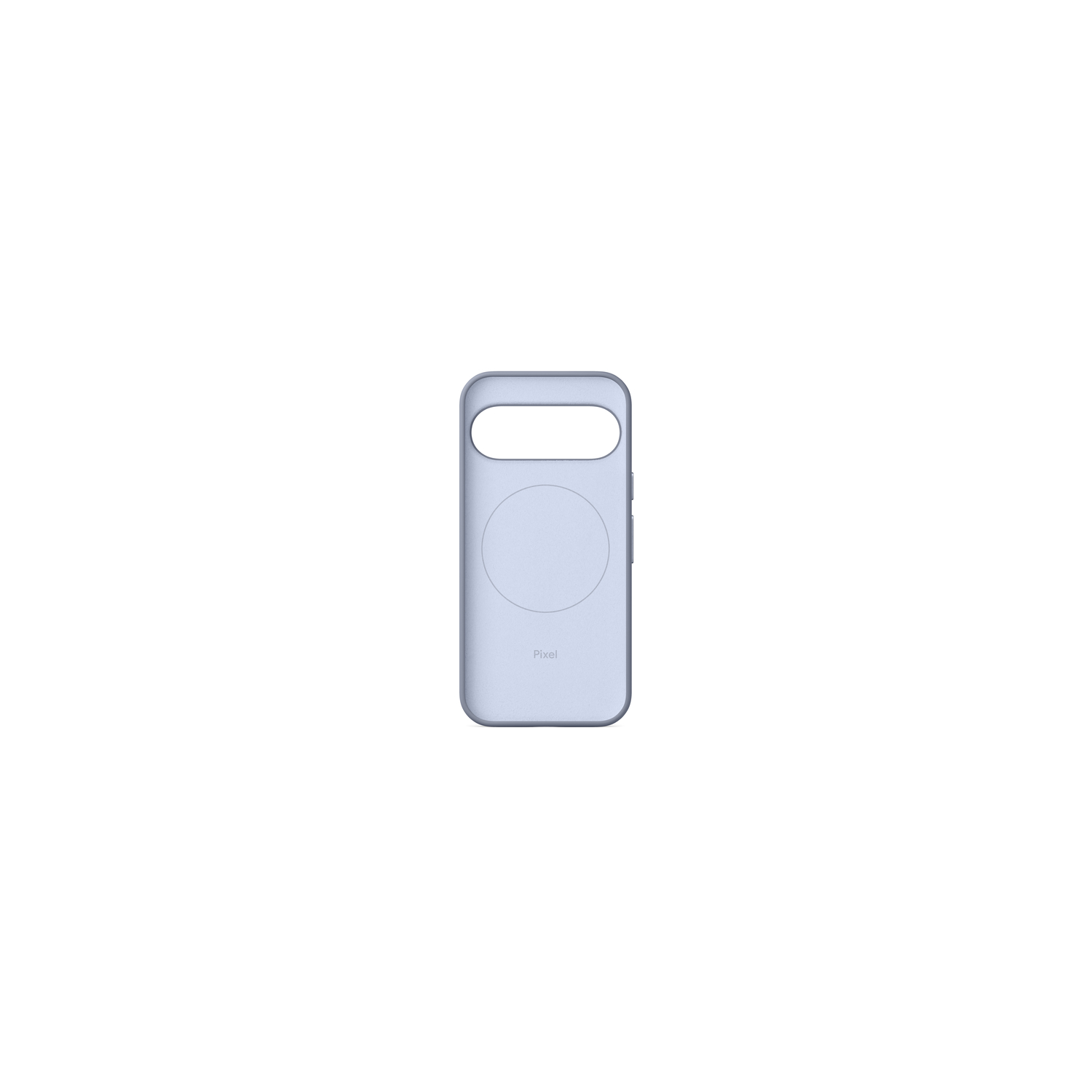 Een lichtblauwe Pixel telefoonhoes. Het heeft een uitsparing voor de camera en een cirkelvormig ontwerp op de achterkant. Het woord 'Pixel' is gedrukt.