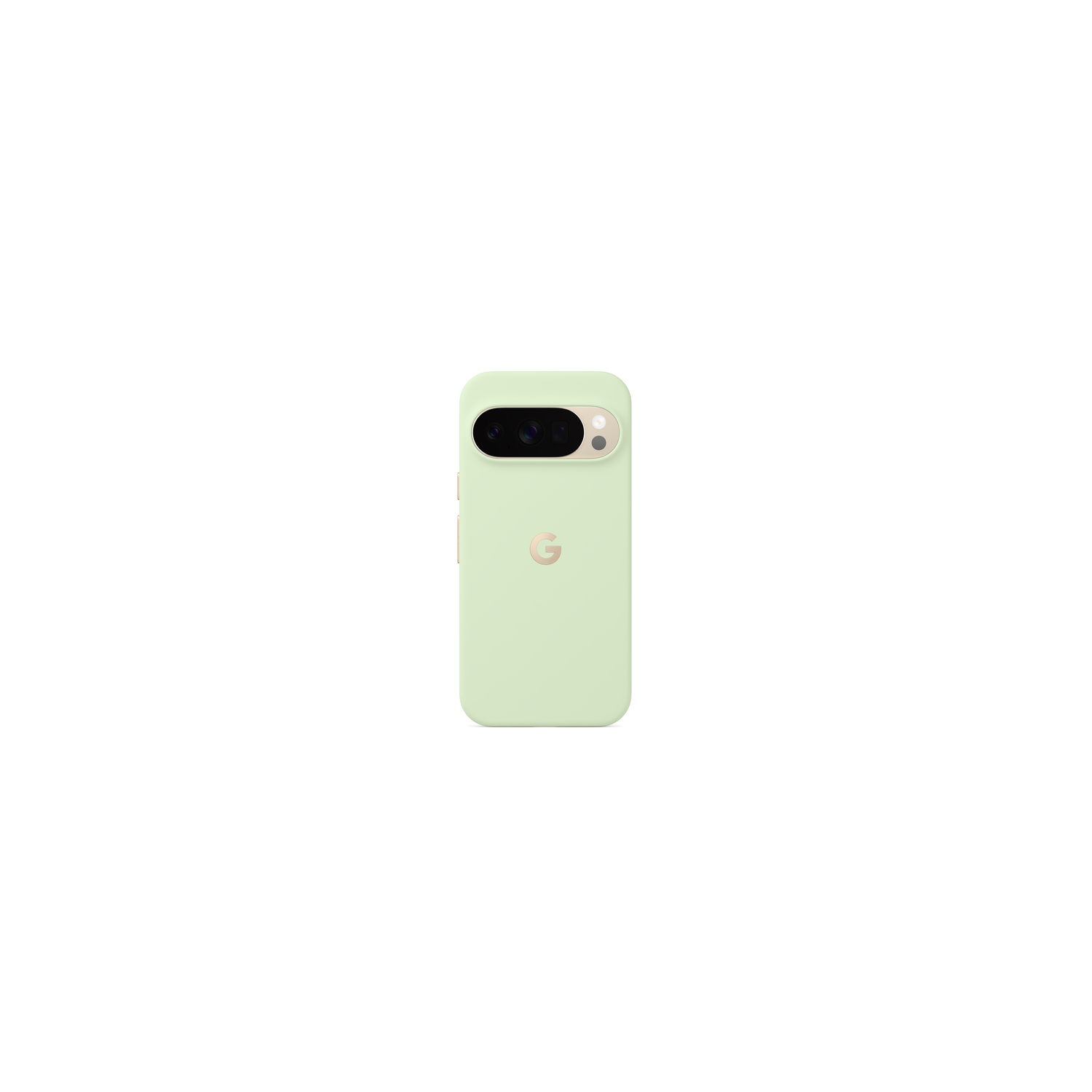 Une coque de téléphone vert clair avec le logo Google. La zone de la caméra est beige avec des lentilles noires.
