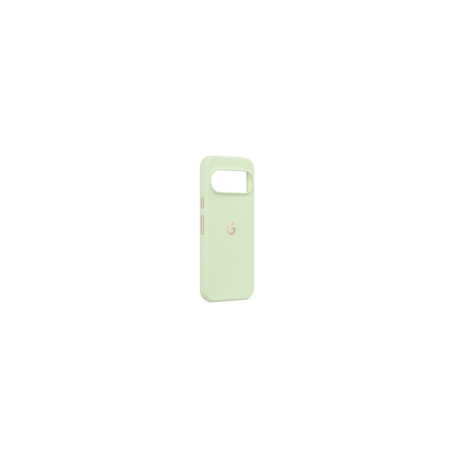 Une coque de téléphone vert clair avec une découpe pour l'appareil photo et un logo Google, centré sur fond blanc.