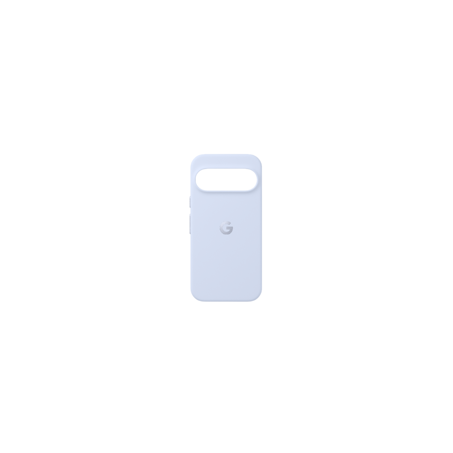 Een lichtblauwe telefoonhoes met een uitsparing voor de camera bovenaan en een Google-logo op de achterkant, tegen een zwarte achtergrond.
