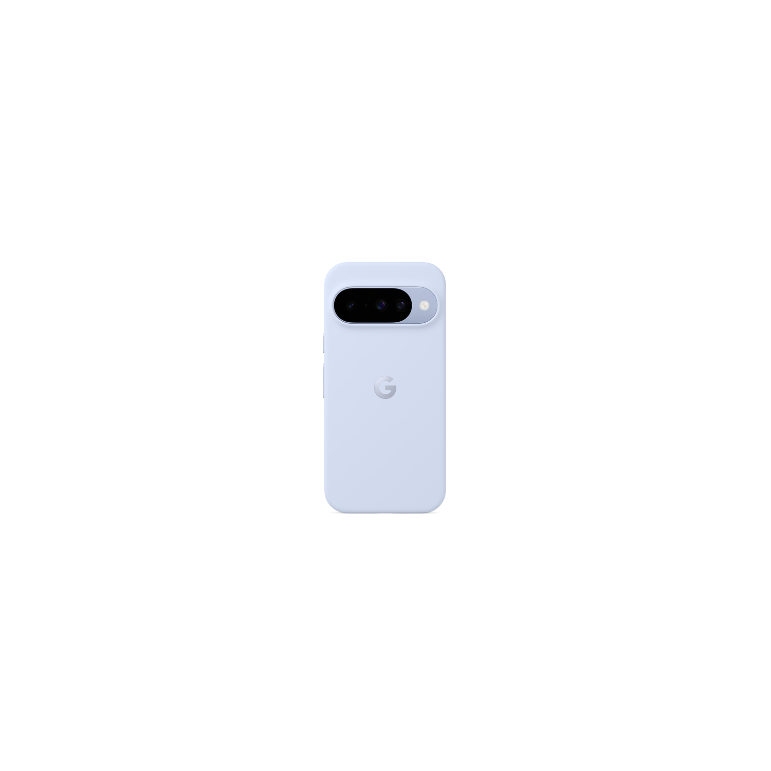 Een lichtblauwe telefoonhoes met het Google-logo en cameralenzen. De achtergrond is effen wit.