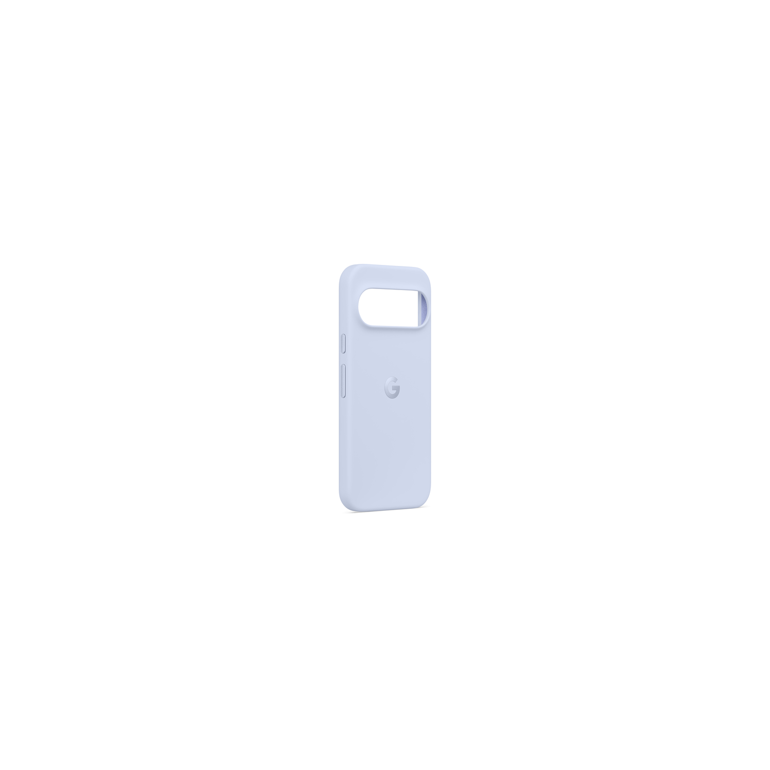 Een lichtpaarse telefoonhoes, met het Google-logo, is gecentreerd tegen een witte achtergrond. De hoes heeft openingen voor de camera en knoppen.