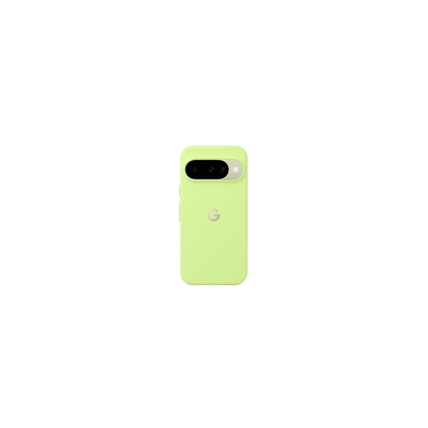 Une coque de téléphone vert citron avec une barre de caméra et un logo G, sur fond blanc.