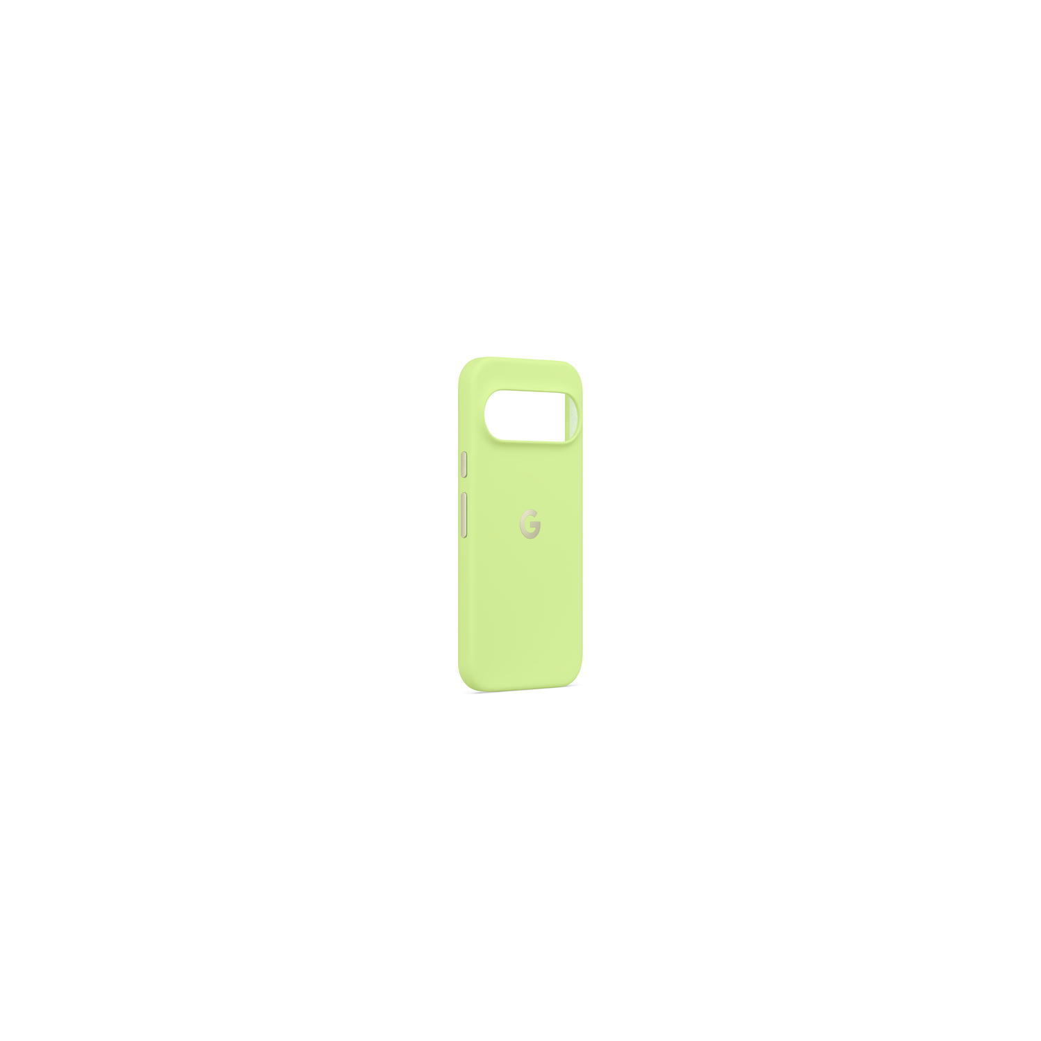 Une coque de téléphone vert clair avec le logo Google. Elle comporte des ouvertures pour l'appareil photo et les boutons. Le fond est blanc.