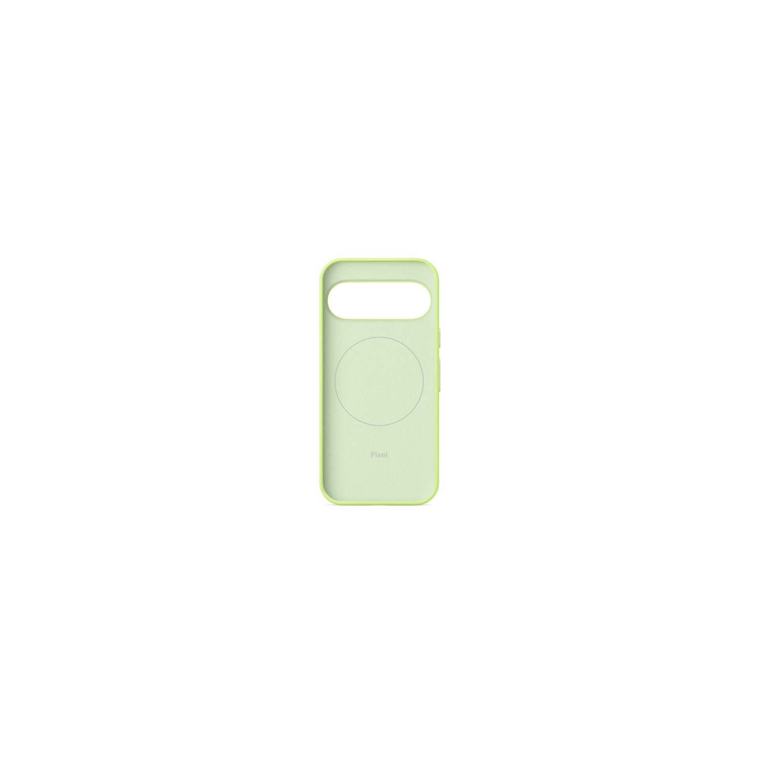 Une coque de téléphone Pixel vert clair sur fond blanc. La coque a une découpe pour l'appareil photo et un design circulaire.