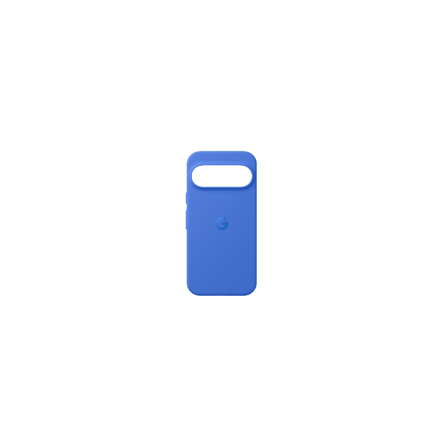 Een blauwe telefoonhoes met het Google-logo is gecentreerd tegen een zwarte achtergrond. De hoes heeft openingen voor de camera en knoppen.