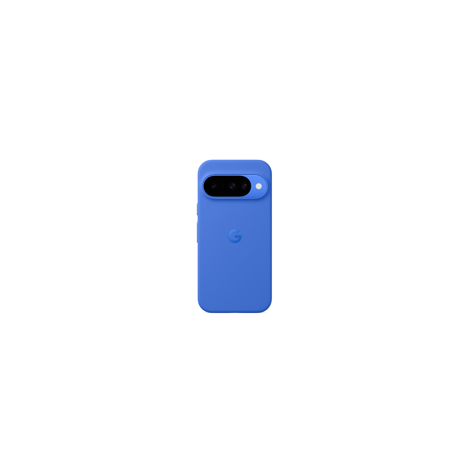 Een blauwe telefoonhoes op een witte achtergrond. De hoes heeft een uitsparing voor de camera en een Google-logo op de achterkant.