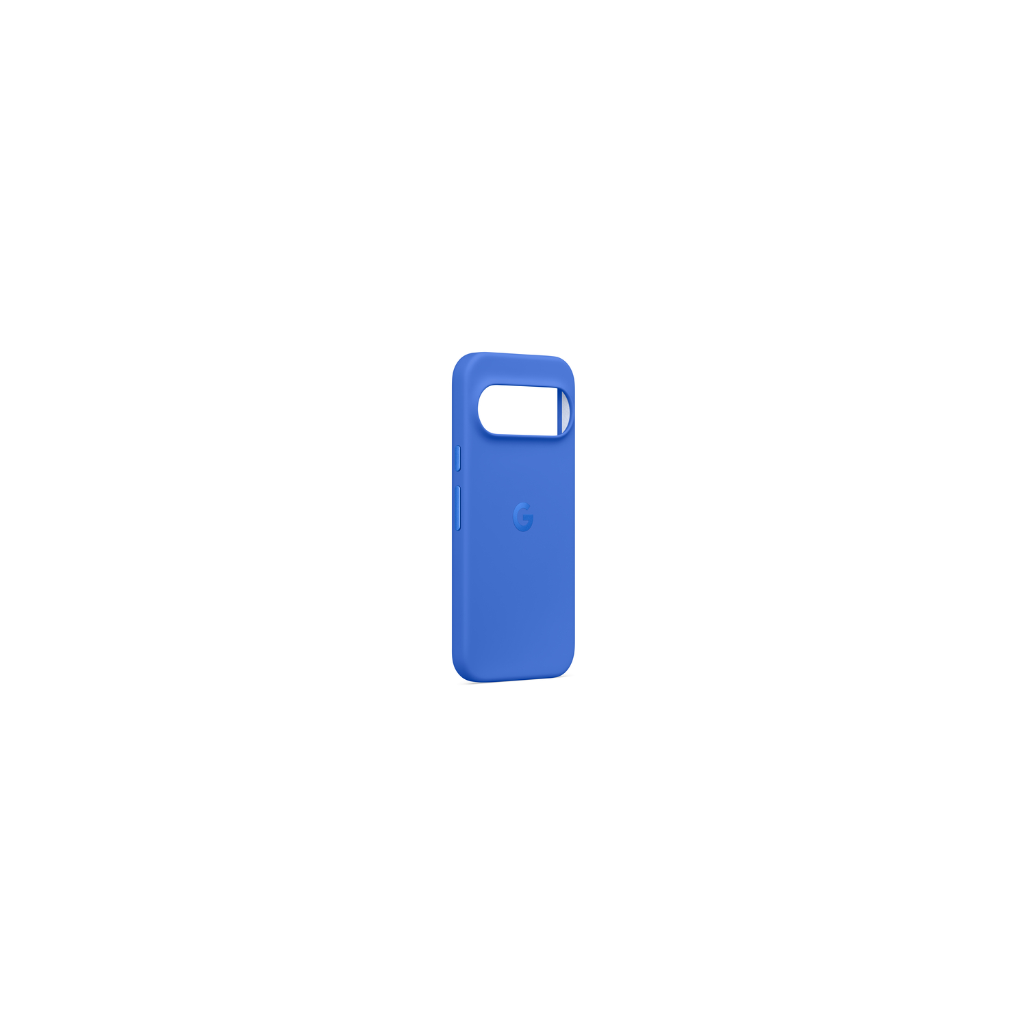 Een blauwe telefoonhoes met het Google-logo. Het heeft openingen voor de camera en knoppen, op een witte achtergrond.